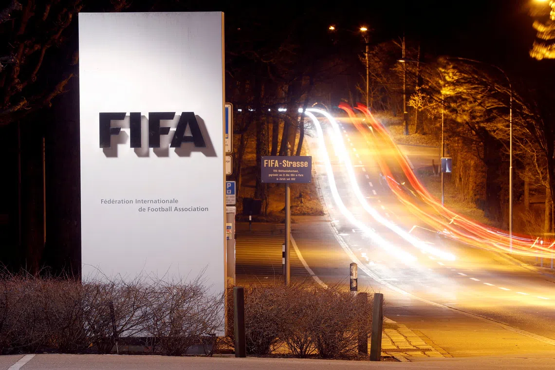 A long exposure shows FIFA's logo near its headquarters in Zurich, Switzerland February 27, 2022. REUTERS/Arnd Wiegmann