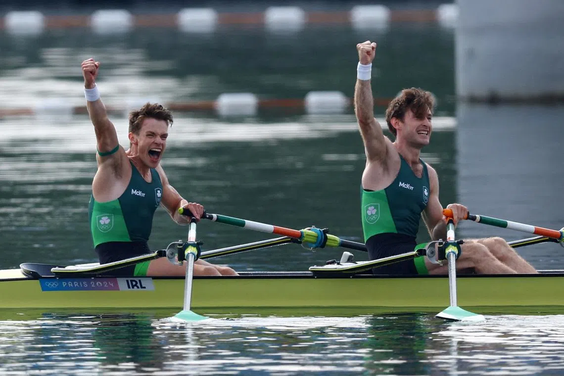 FILE PHOTO: Paris 2024 Olympics - Rowing - Lightweight Men's Double Sculls Final A - Vaires-sur-Marne Nautical Stadium - Flatwater, Vaires-sur-Marne, France - August 02, 2024. Fintan Mc Carthy of Ireland and Paul O Donovan of Ireland react after winning gold. REUTERS/Molly Darlington/File Photo