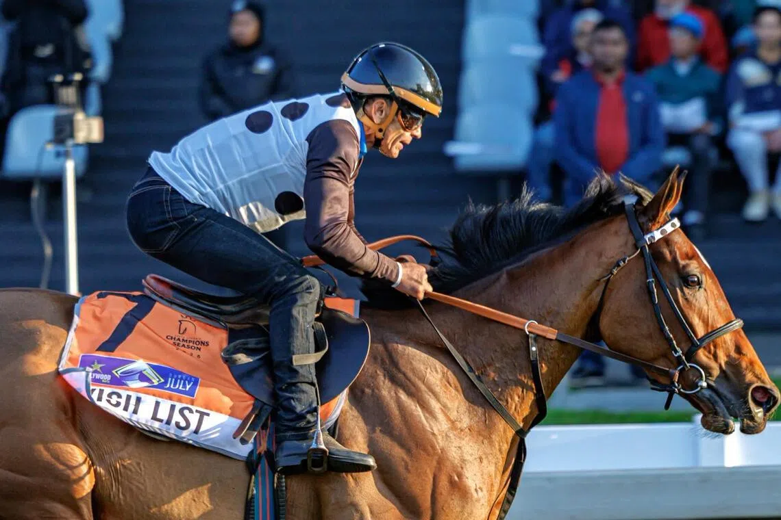Wish List - The Justin Snaith-trained Wish List and race-jockey Andrew Fortune stretching out at the Gallops Morning at GrRACE COASTeyville on June 25 ahead of the Grade 1 Durban July Handicap (2,200m) at the same track on July 6. Wish List and stablemate Note To Self are the two joint-favourites for South Africa's most famous horse race.

PHOTO: RACE COAST