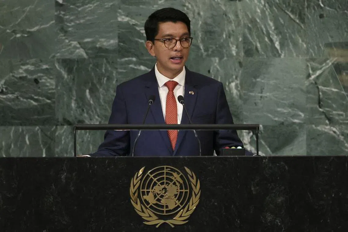 FILE PHOTO: Madagascar's President Andry Rajoelina addresses the 77th Session of the United Nations General Assembly at U.N. Headquarters in New York City, U.S., September 21, 2022. REUTERS/Brendan McDermid/File Photo