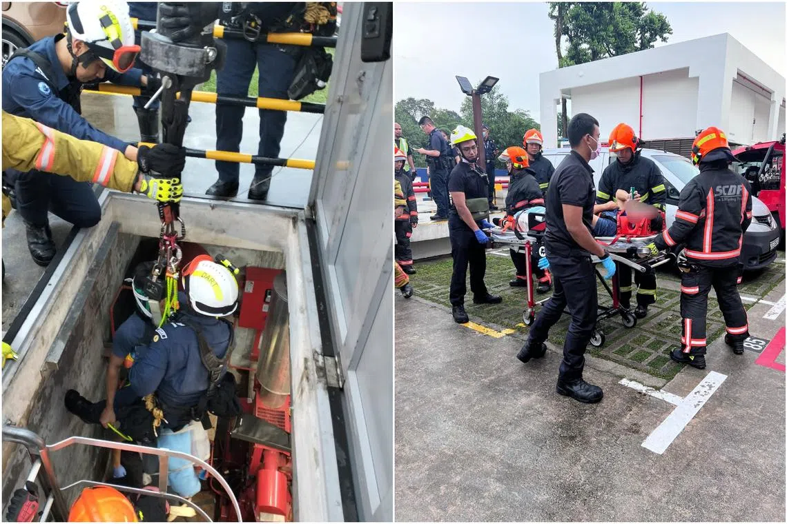 Five SCDF officers, including a paramedic, climbed down a cat ladder to reach the injured man.