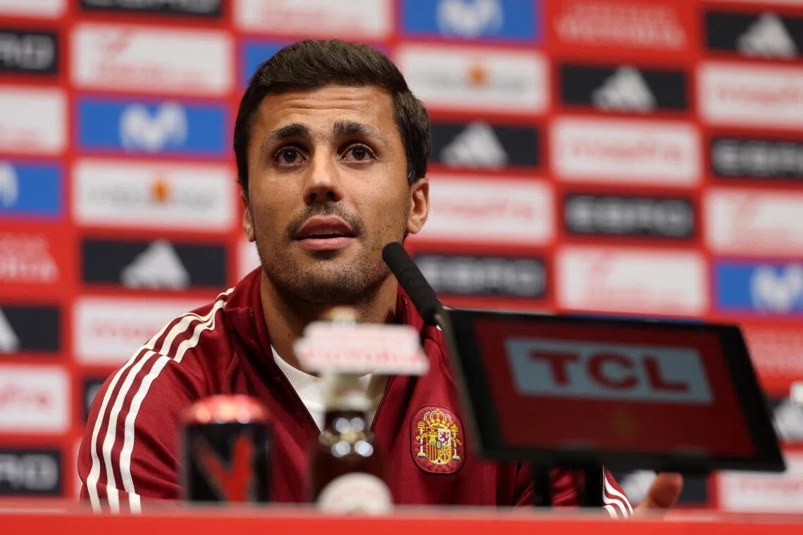 Spain’s Rodri taking part in a press conference in London on Sept 25, ahead of Spain’s Sept 26 Nations League match against England.