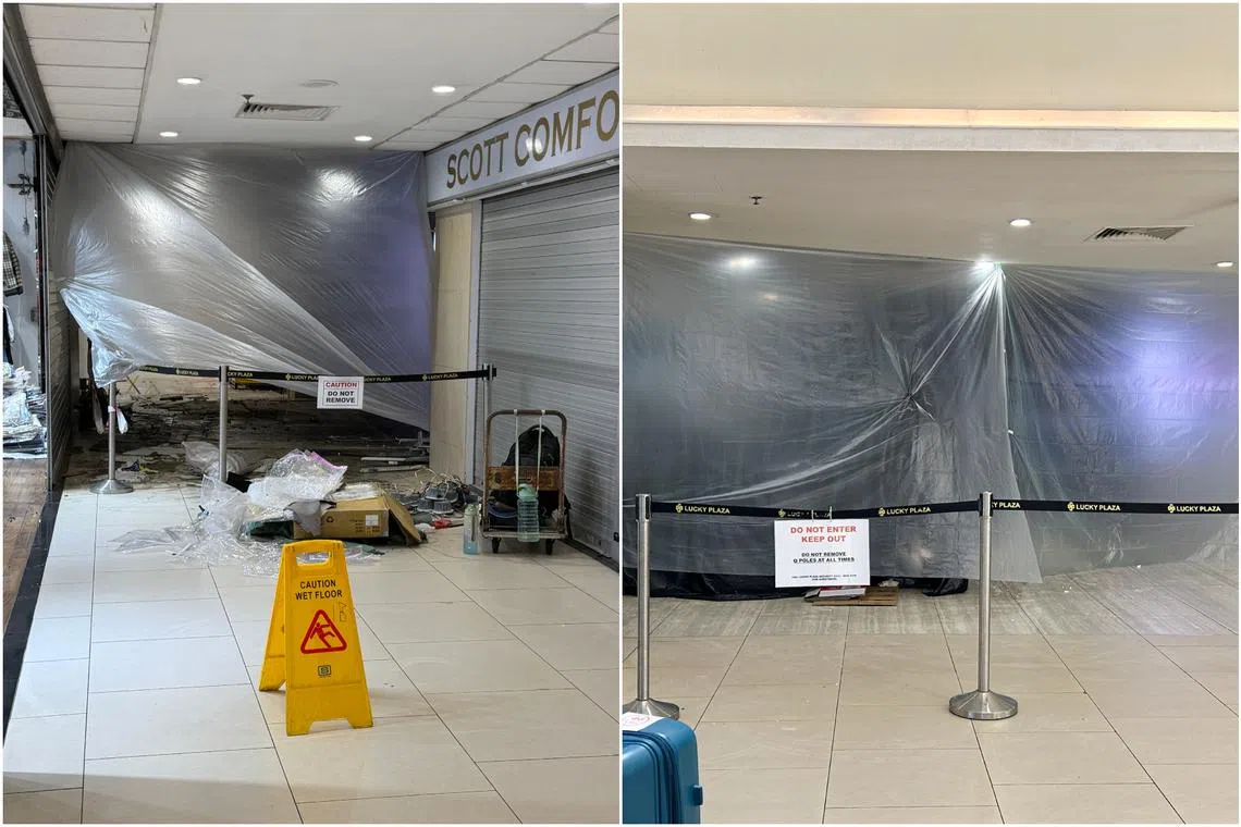 A false ceiling collapsed in the basement level of Lucky Plaza on the morning of April 6.  