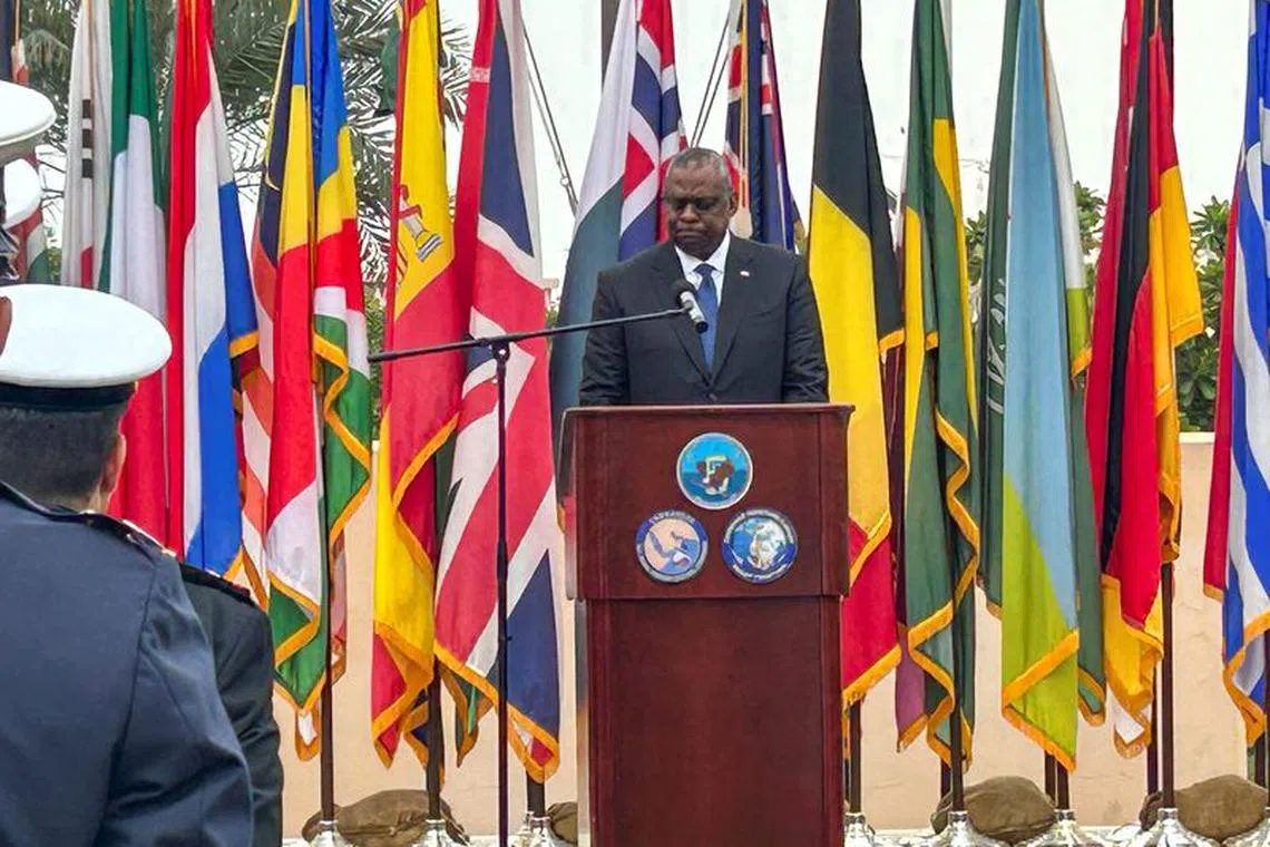 U.S. Defense Secretary Lloyd Austin addresses U.S. forces at the Navy's Fifth Fleet headquarters in Manama, Bahrain, December 19, 2023. REUTERS/Phil Stewart
