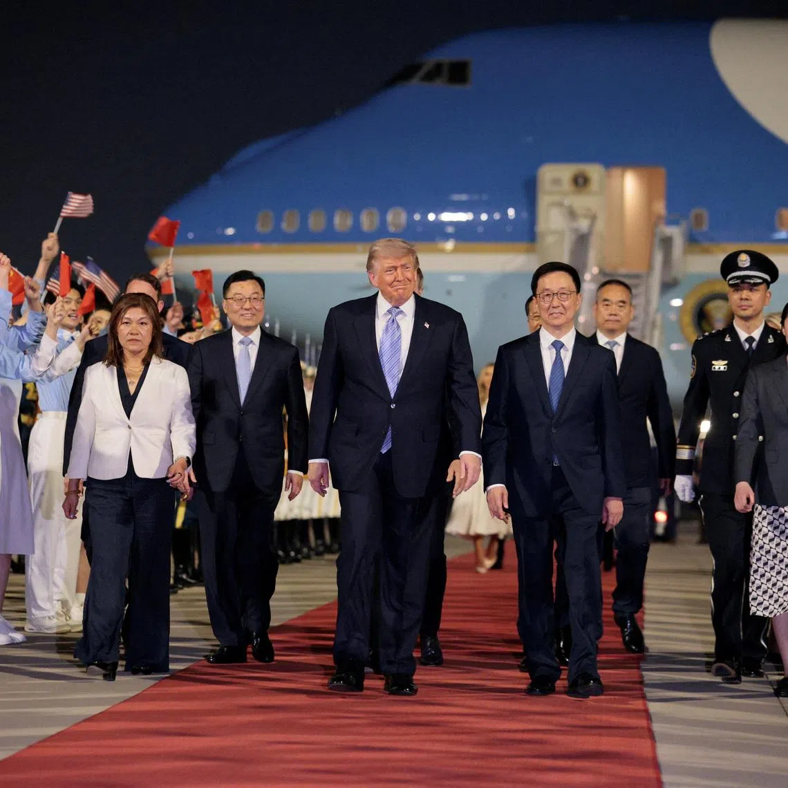 U.S. President Donald Trump, accompanied by Chinese Vice-President Han Zheng, during a red-carpet greeting ceremony after arriving in Beijing on May 13.