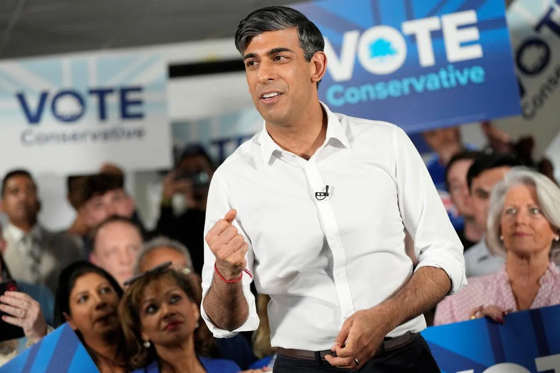 Britain's Prime Minister Rishi Sunak speaks at a Tory party rally at the Amersham and Chiltern Rugby club in Amersham, Britain, May 27, 2024. Alastair Grant/Pool via REUTERS