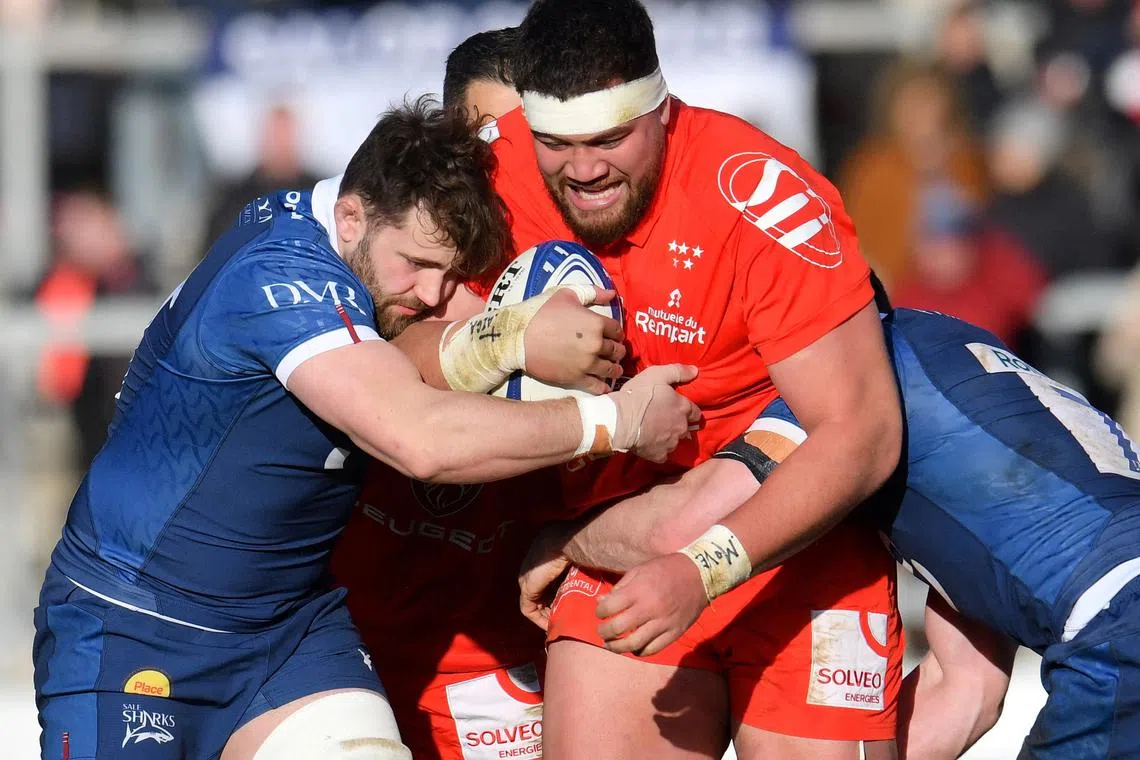FILE PHOTO: Rugby Union - European Champions Cup - Sale Sharks v Toulouse - AJ Bell Stadium, Eccles, Britain - January 14, 2023 Toulouse's Emmanuel Meafou in action with Sale Sharks' Sam Dugdale Action Images via Reuters/Paul Burrows/File Photo