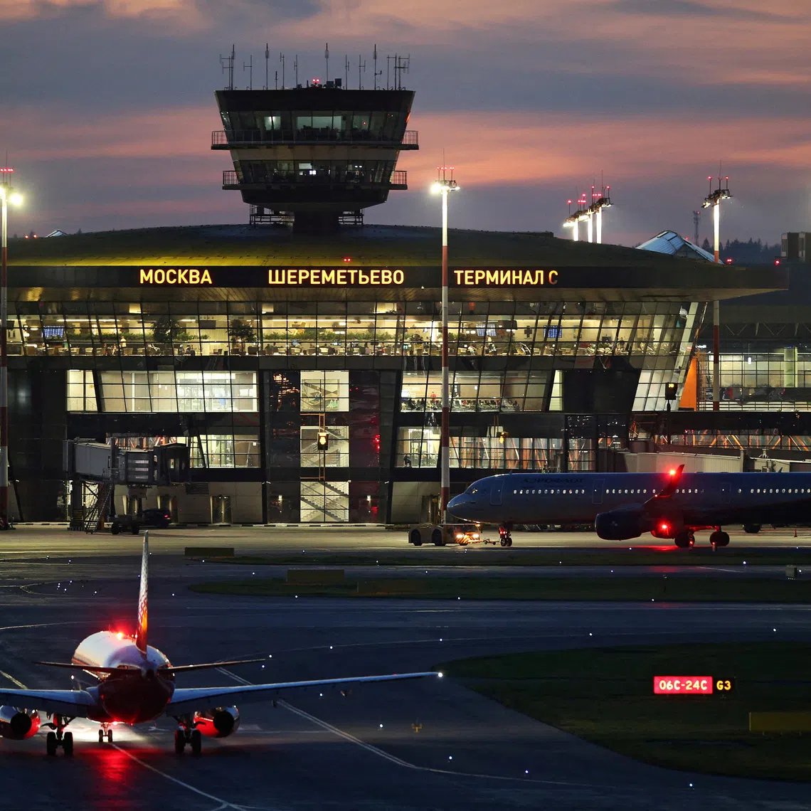 Planes on a tarmac at Sheremetyevo International Airport outside Moscow, Russia.