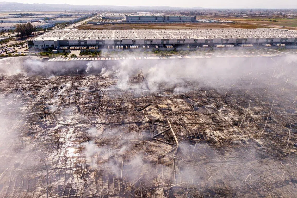 Photos from the scene showed the entire building engulfed in flames. The blaze reached a six-alarm response, involving around 175 firefighters, the Ontario Fire Department said.