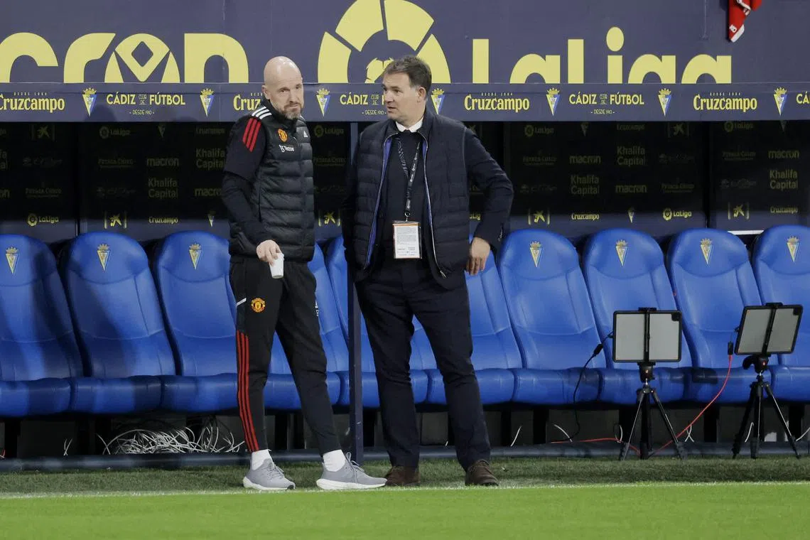 Manchester United manager Erik ten Hag (left) and the club's director of football John Murtough during a friendly match against Cadiz in Spain.