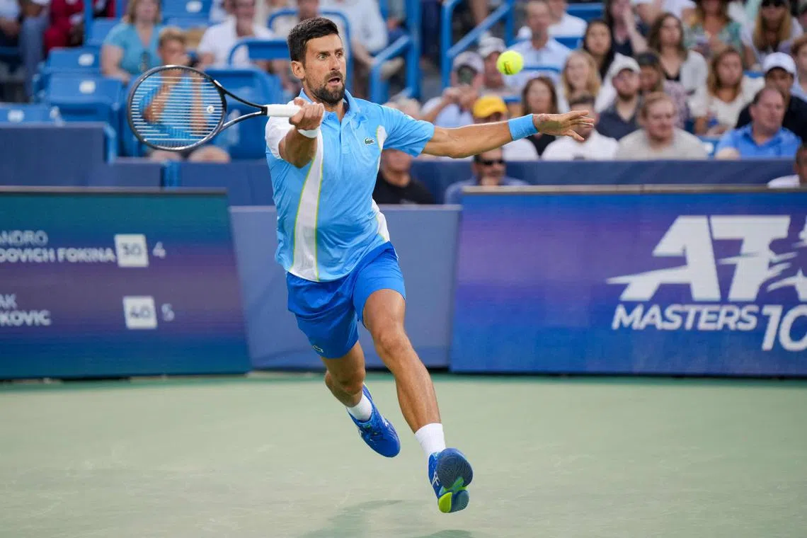 Novak Djokovic of Serbia returning a shot to Alejandro Davidovich Fokina of Spain during their match at the Cincinnati Masters at Lindner Family Tennis Centre on Wednesday. Davidovich Fokina retired after a back issue.