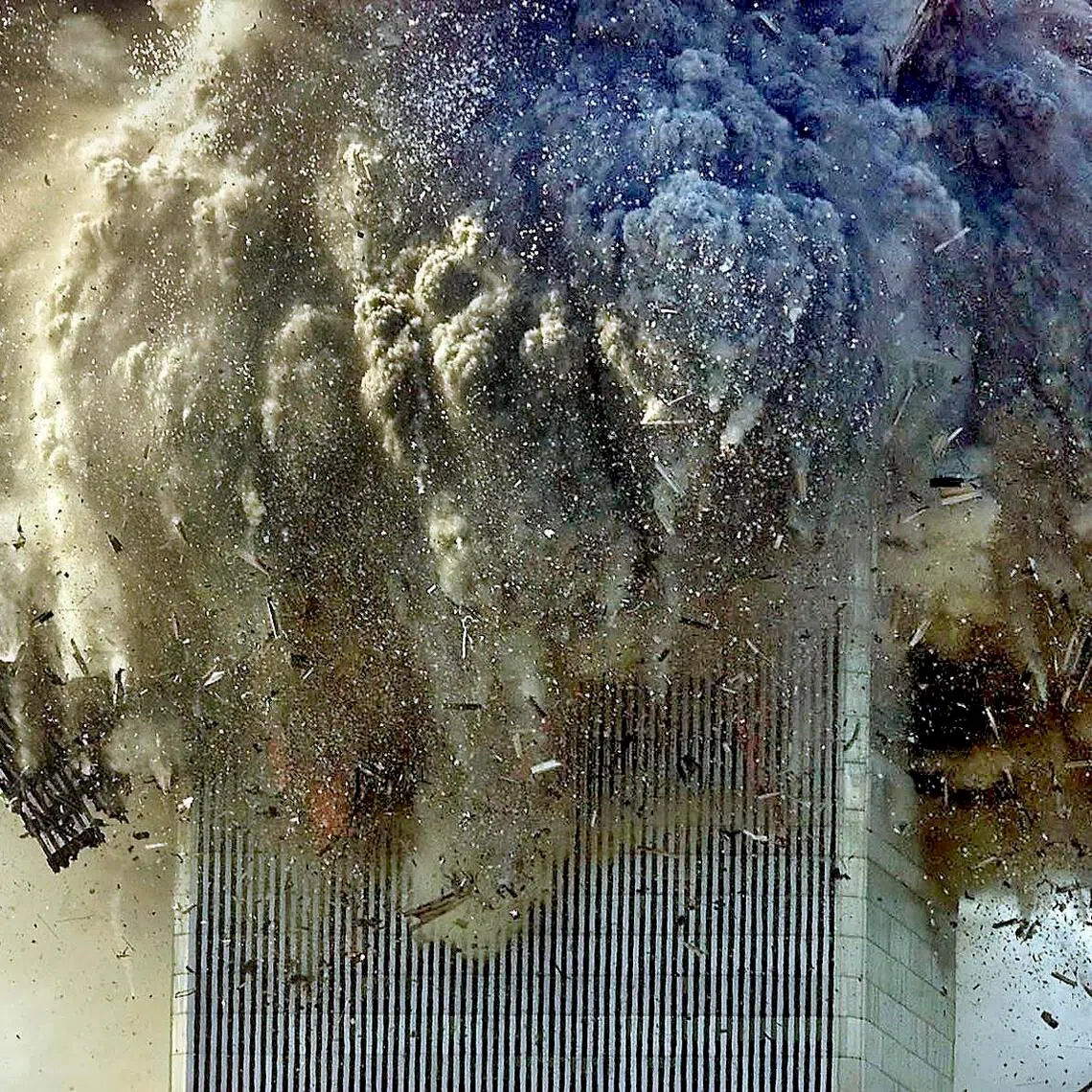 The North Tower of the World Trade Center collapses after it was hit by a hijacked jet on the morning of Sept 11, 2001.