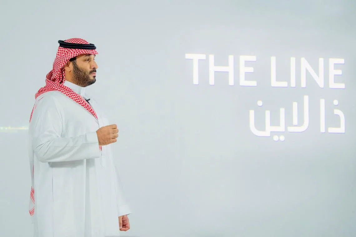 FILE PHOTO: Saudi Crown Prince Mohammed Bin Salman announces a zero-carbon city called \"The Line\" to be built at NEOM in northwestern Saudi Arabia, January 10, 2021. Bandar Algaloud/Courtesy of Saudi Royal Court/Handout via REUTERS