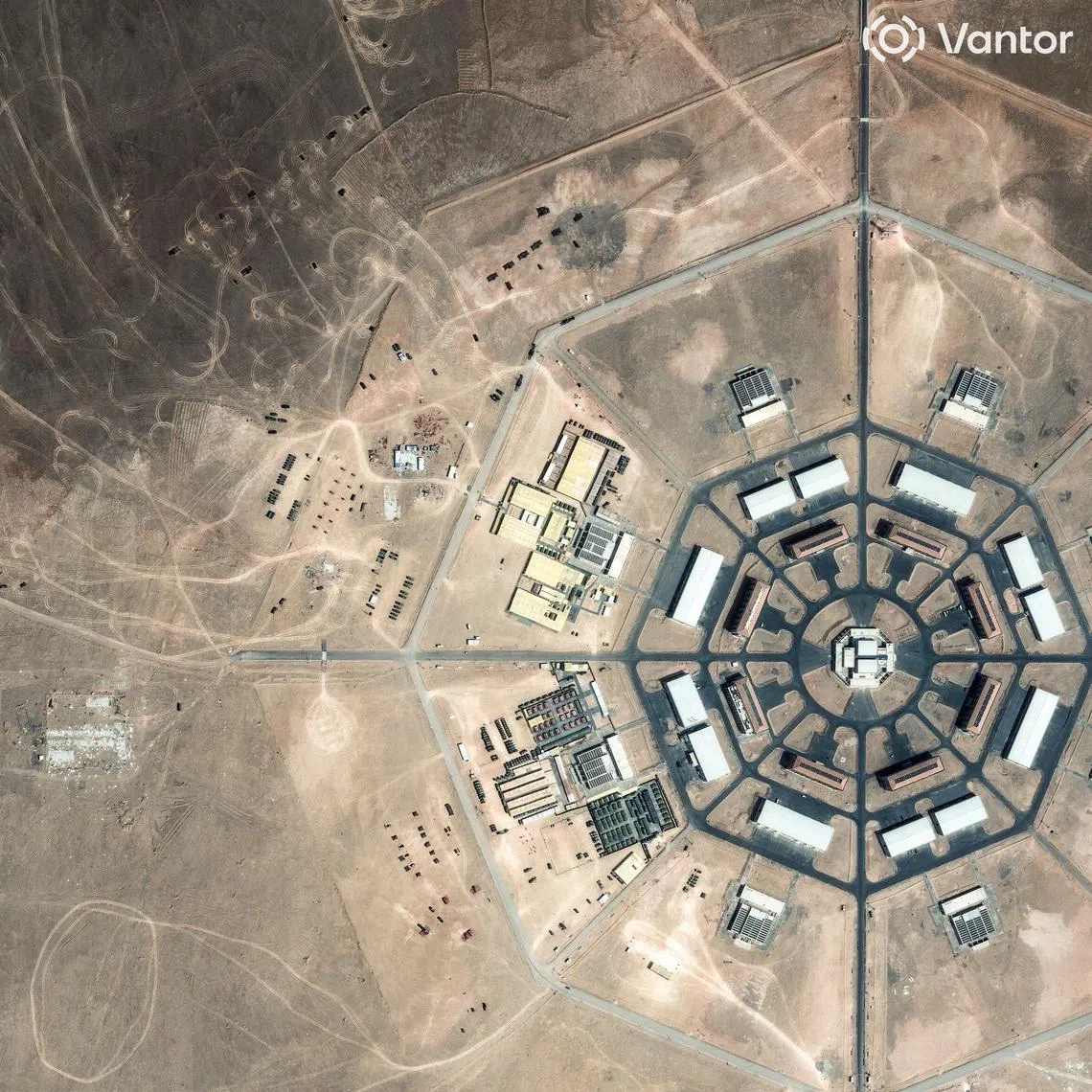 A satellite image shows military activity underway at the edge of the Xinjiang octagon-shaped installation, in the Xinjiang Uyghur Autonomous Region, China, May 11, 2026.   Vantor/Handout via REUTERS