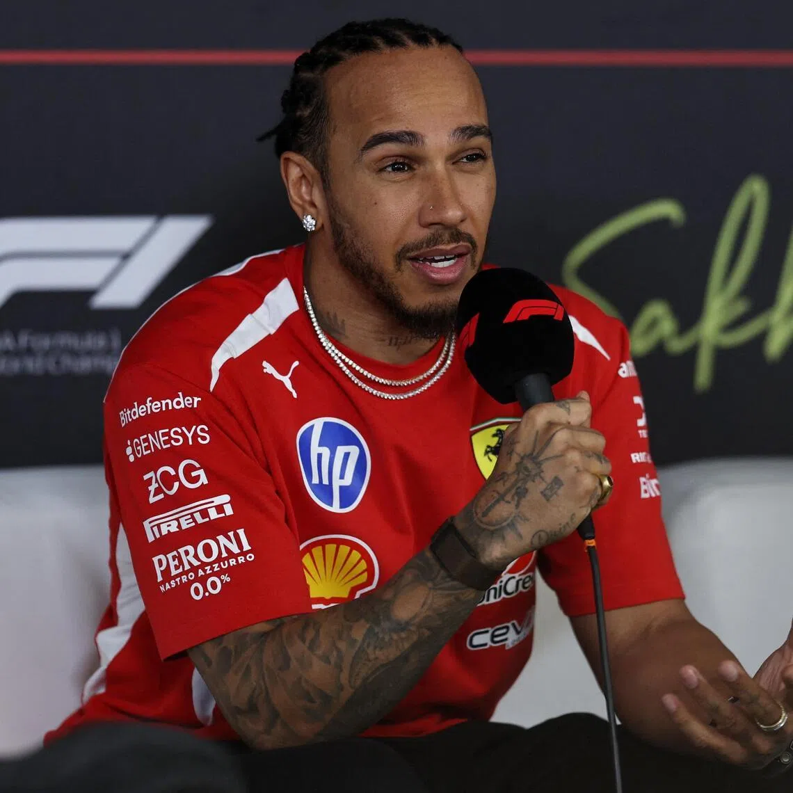 Ferrari's Lewis Hamilton at a press conference during pre-season testing at the Bahrain International Circuit in Sakhir on Feb 18, 2026.