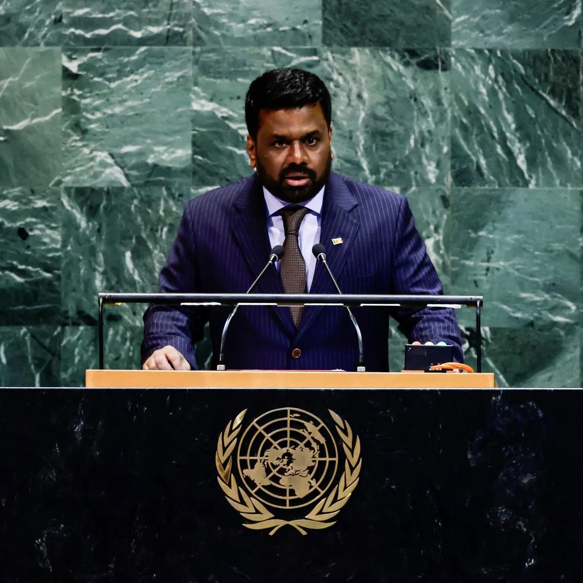 FILE PHOTO: Sri Lanka's President Anura Kumara Dissanayake addresses the 80th United Nations General Assembly at U.N. headquarters in New York, U.S., September 24, 2025. REUTERS/Eduardo Munoz/File Photo