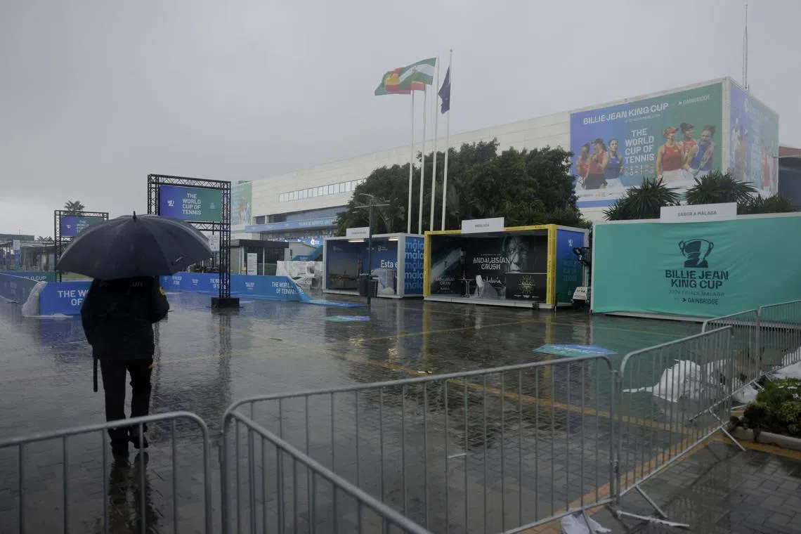 General view outside the stadium after the first-round tie between Spain and Poland was postponed due to a severe weather alert.
