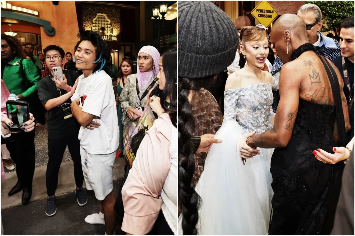Event crasher Johnson Wen (in white) committed the offence at Universal Studios Singapore on Nov 13. During the commotion, a protective Cynthia Erivo (in black) forced herself between Ariana Grande (in light blue) and Wen, as security guards quickly nabbed him.