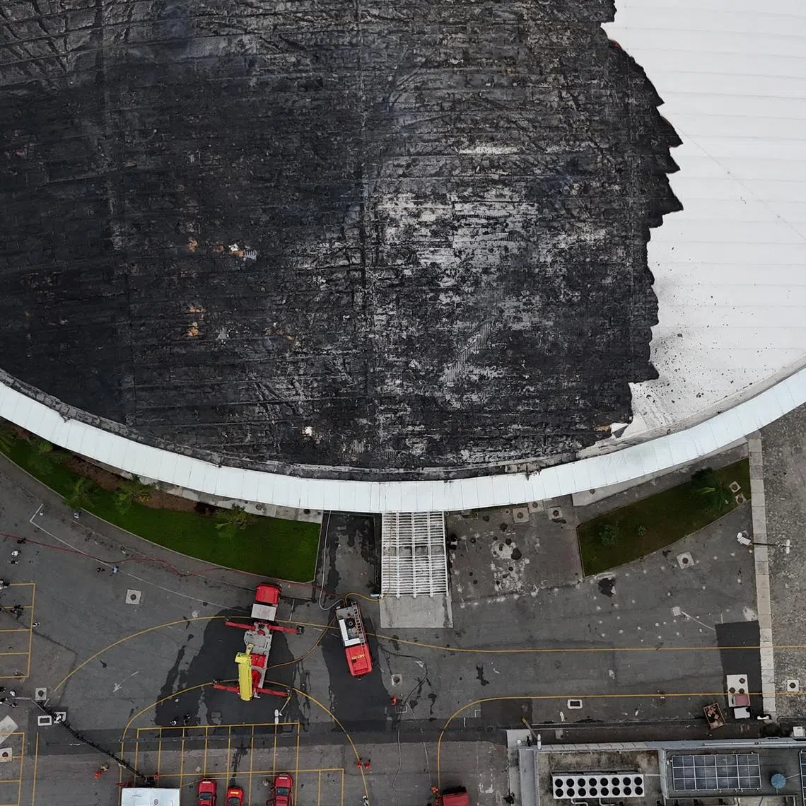 A drone view shows the damage of the Velodrome after a fire at the Olympic park, which was used for the Rio 2016 Olympic Games in Rio de Janeiro, Brazil April 8, 2026. REUTERS/Pilar Olivares