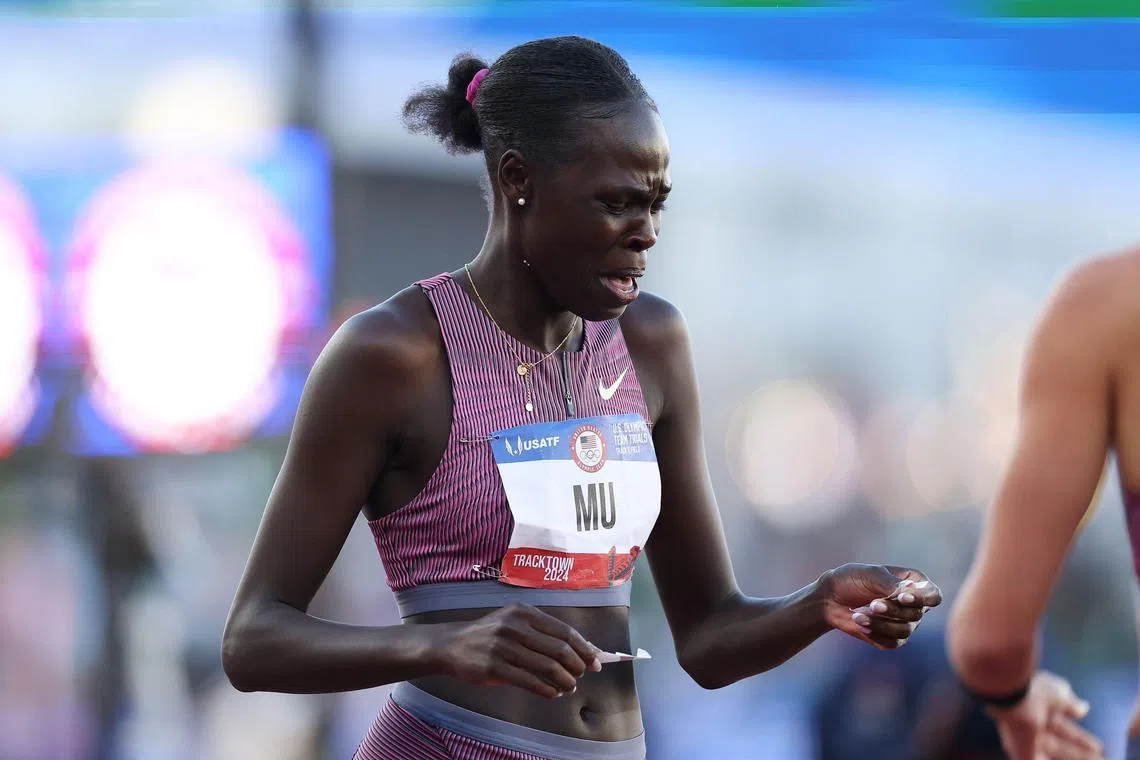 Athing Mu reacting in the women's 800m final at the US Olympic Team Track & Field Trials at Hayward Field. She finished last after a fall.