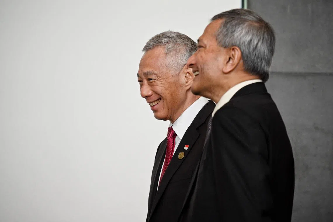 Prime Minister Lee Hsien Loong with Minister for Foreign Affairs Vivian Balakrishnan before his bilateral meeting with New Zealand Prime Minister Christopher Luxon at the Grand Hyatt Melbourne on the sidelines of the 2024 ASEAN-Australia Special Summit in Melbourne, Australia on Mar 5, 2024.