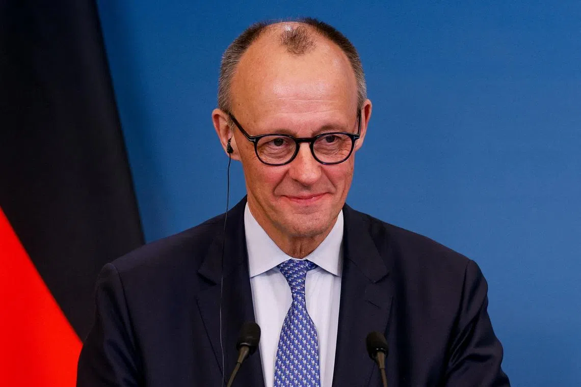 German Chancellor Friedrich Merz attends a  joint statement with Italian Prime Minister Giorgia Meloni (not pictured) at the end of Italian-German government consultations at Villa Doria Pamphili in Rome, Italy, January 23, 2026. REUTERS/Remo Casilli