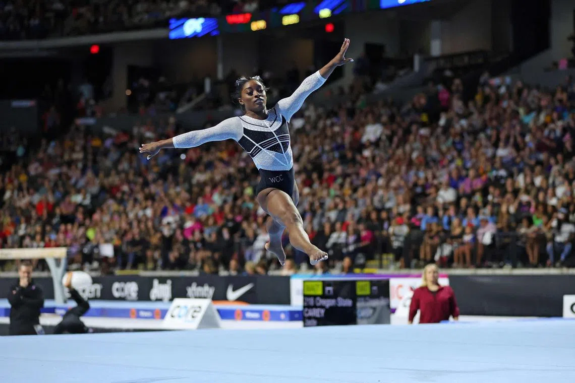 Simone Biles in the floor exercise at the Core Hydration Classic on Aug 5, 2023 in Hoffman Estates, Illinois. It was her first competition since the Tokyo Olympics in 2021.