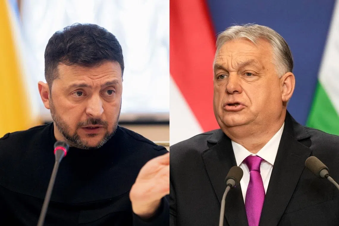 Ukrainian President Volodymyr Zelensky (left) criticised Hungarian Prime Minister Viktor Orban for blocking Ukraine aid that is  critical to Ukraine's survival.