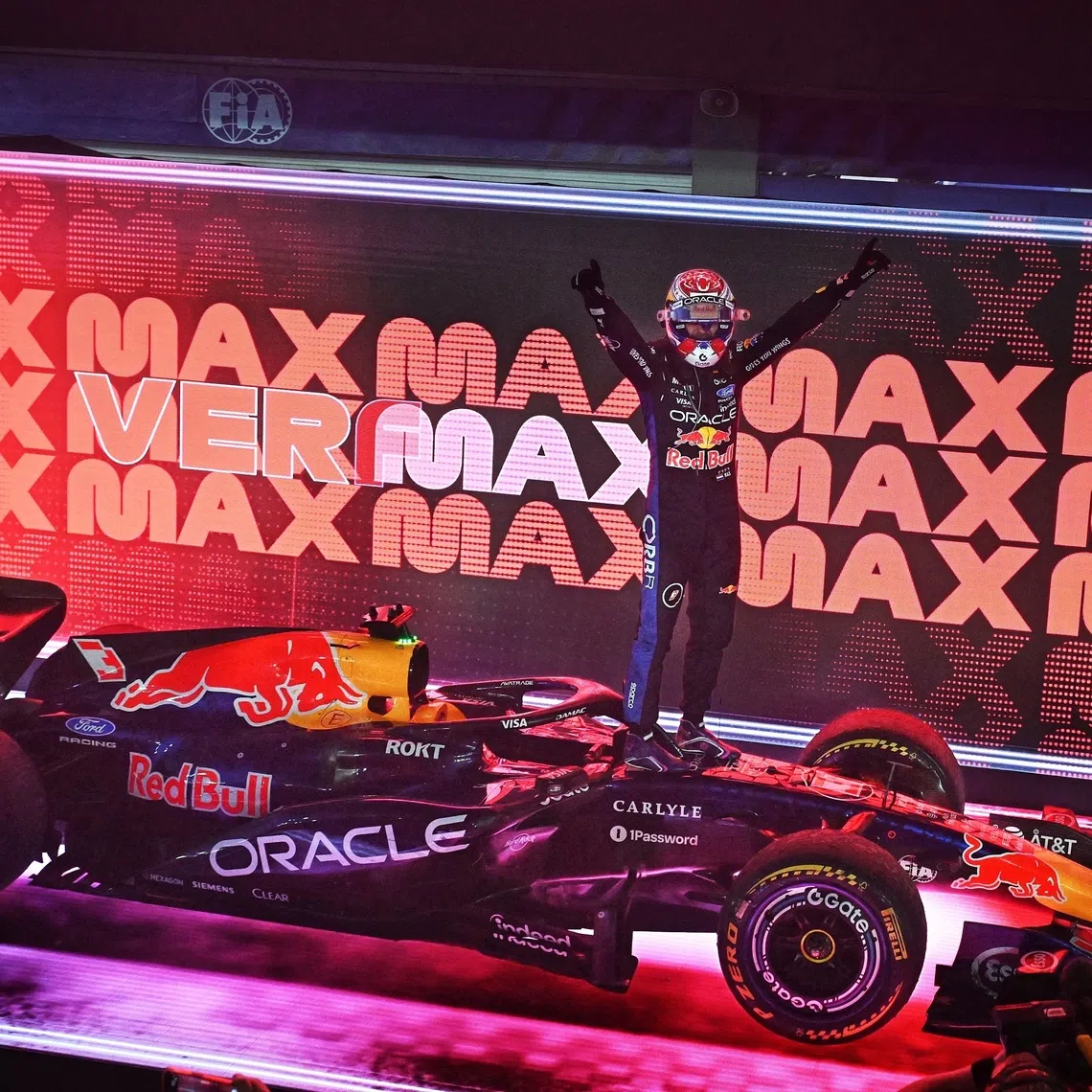 No. 3 Oracle Red Bull Racing, Dutch driver, Max Verstappen celebrates after winning the 2026 Singapore Grand Prix at Marina Bay Street Circuit on Oct 11, 2026.