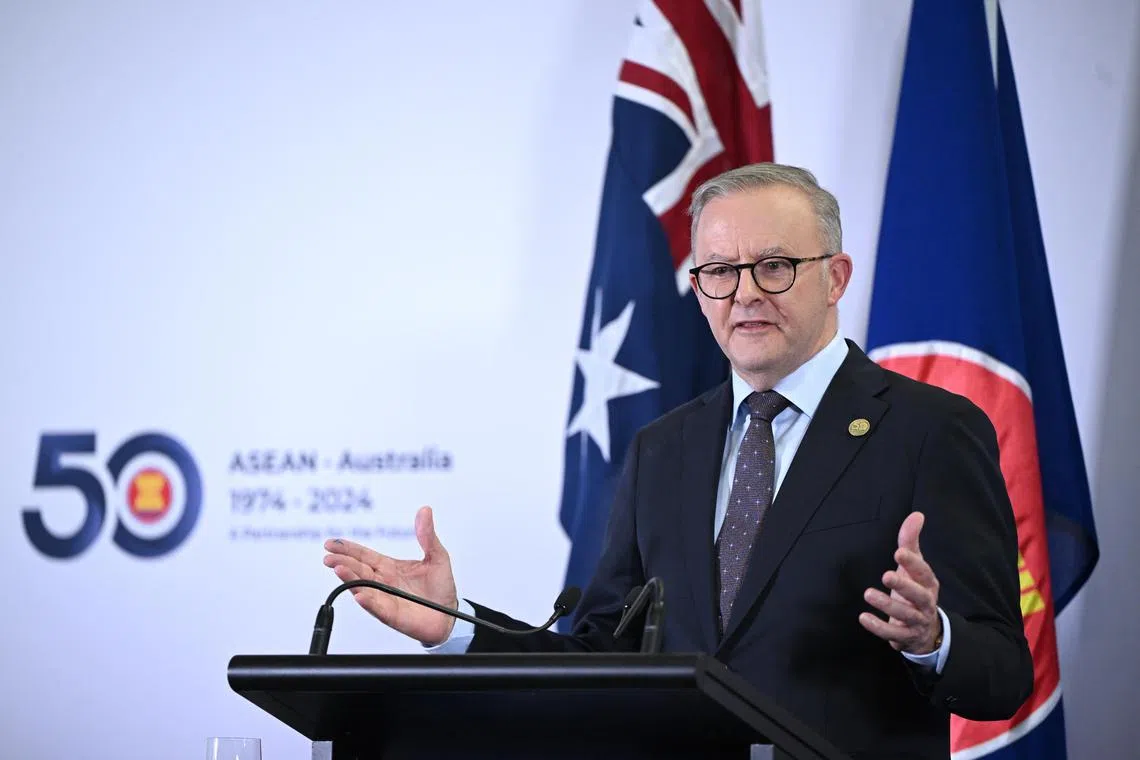 Australian PM Anthony Albanese speaking with local media during the 2024 Asean-Australia Special Summit in Melbourne, on March 6.