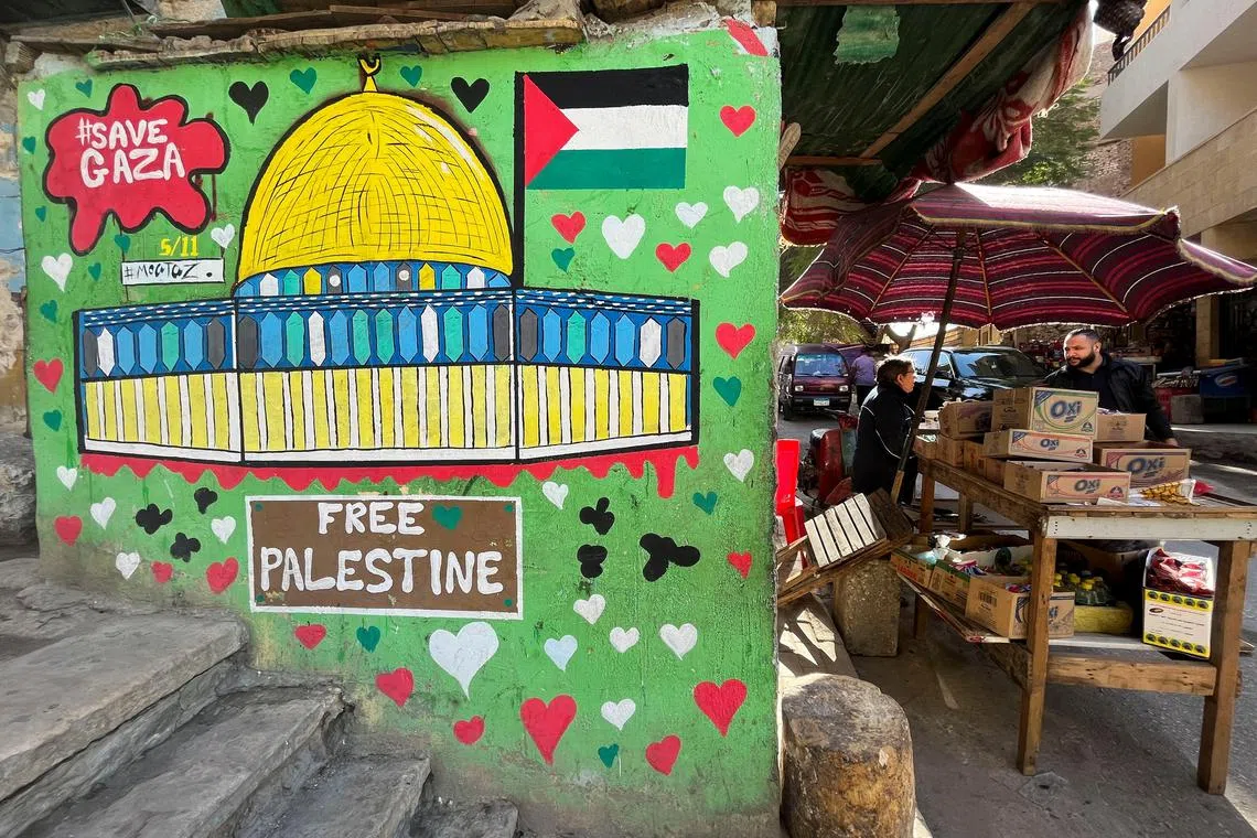 FILE PHOTO: A vendor stands next to a mural in support of Palestinians in Gaza strip amid the ongoing conflict between Israel and the Palestinian Islamist group Hamas, in Cairo, Egypt, November 22, 2023. REUTERS/Amr Abdallah Dalsh/File Photo