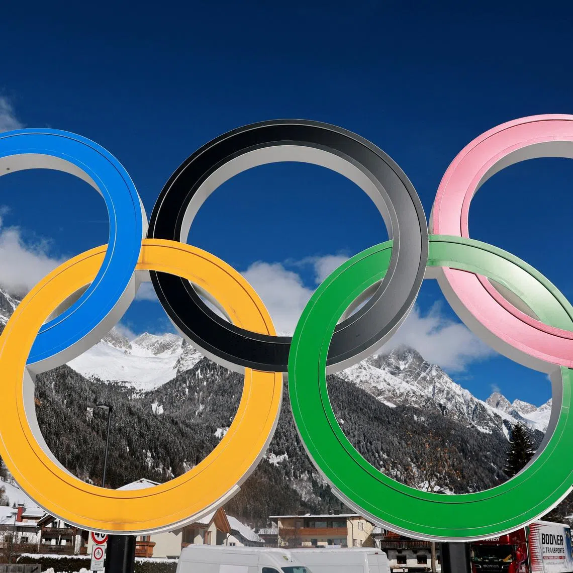 The Olympic Rings stand near Anterselva di Sopra (Antholz Obertal), which will host the biathlon competition at the Sudtirol Arena Alto Adige, as part of the Milano Cortina Winter Olympic Games 2026, in Anterselva Di Mezzo, Italy, January 31, 2026.    REUTERS/Fabrizio Bensch