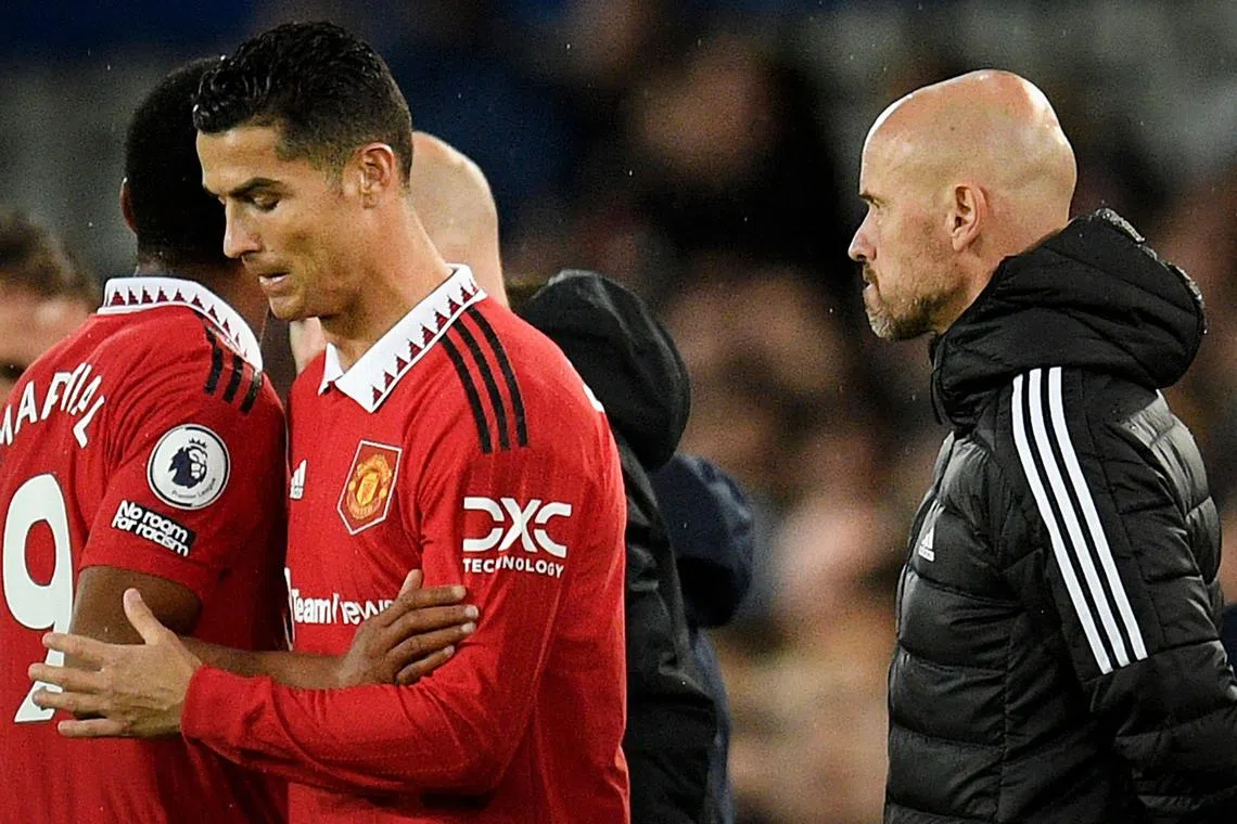 Ronaldo (left) was scathing about the club’s US owners in a recent TV interview, in which he also criticised United manager Erik ten Hag (right)..