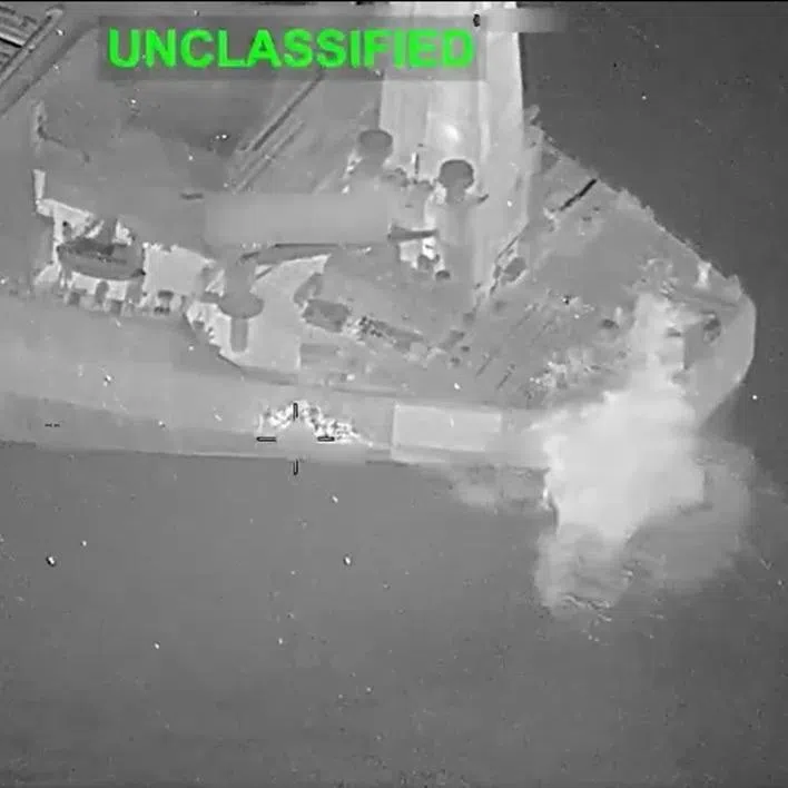 The US military’s Central Command posted a video showing the missile strike the tanker.