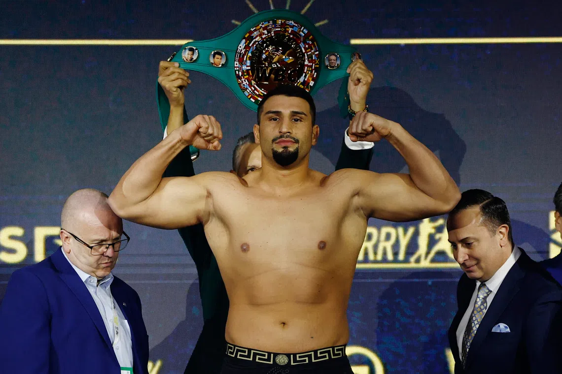 Boxing - Light Heavy Championship - Artur Beterbiev v Dmitrii Bivol - Weigh-In - Boulevard City, Riyadh, Saudi Arabia - February 21, 2025 Agit Kabayel during the Weigh-In REUTERS/Hamad I Mohammed
