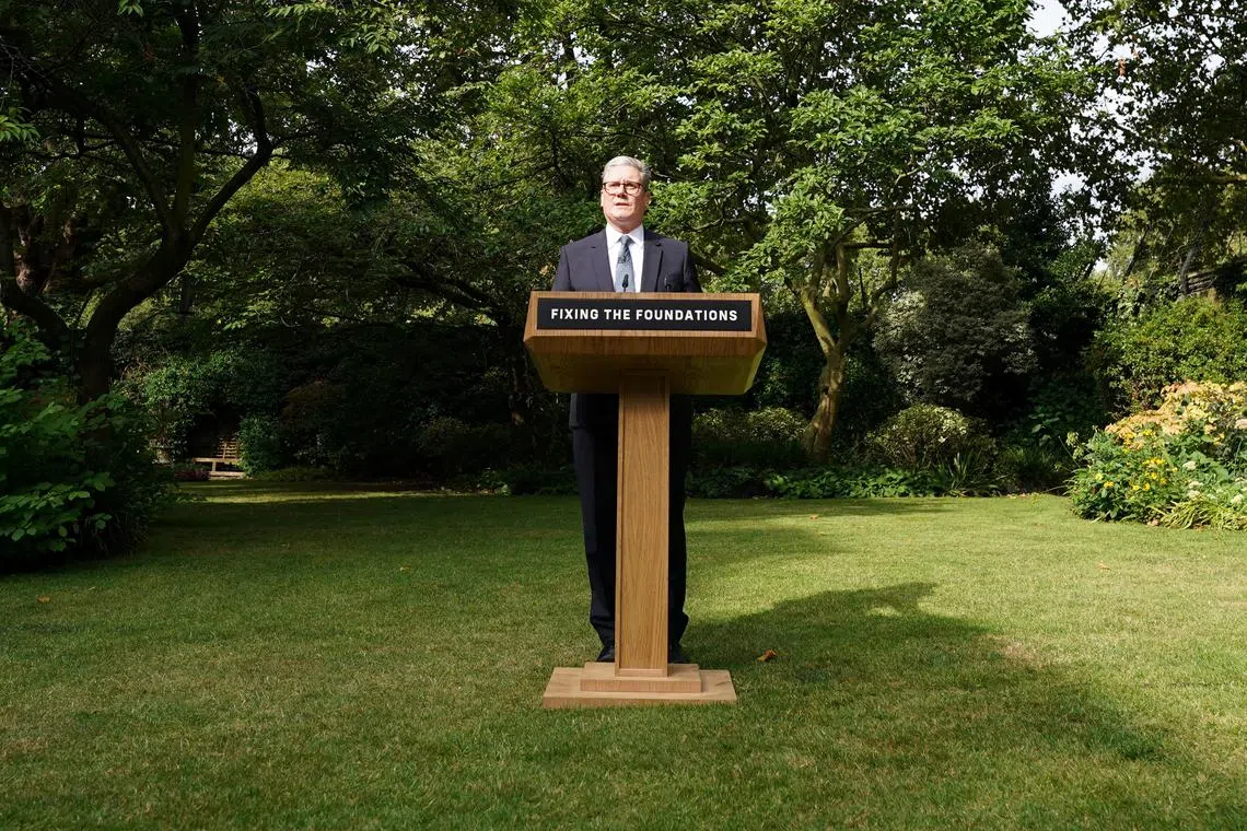 British Prime Minister Keir Starmer speaks during his speech and press conference in the Rose Garden at 10 Downing Street, London, Britain. Picture date: Tuesday August 27, 2024. Stefan Rousseau/Pool via REUTERS
