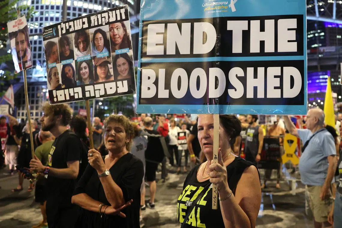 Demonstrators in Israel's Tel Aviv, calling for action to secure the release of Israeli hostages held captive since the Oct 7 attacks on Israel by Palestinian militants.