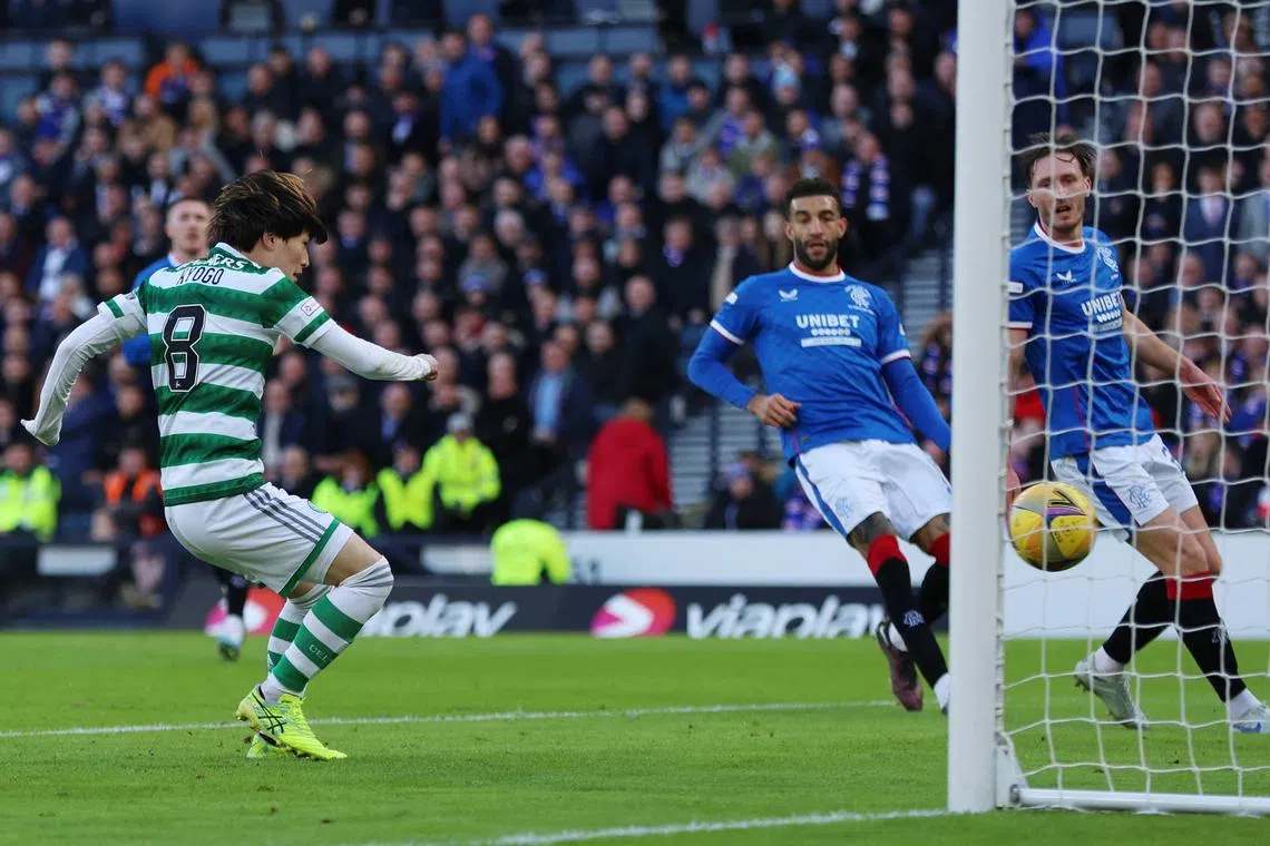 Celtic's Kyogo Furuhashi scores their first goal.