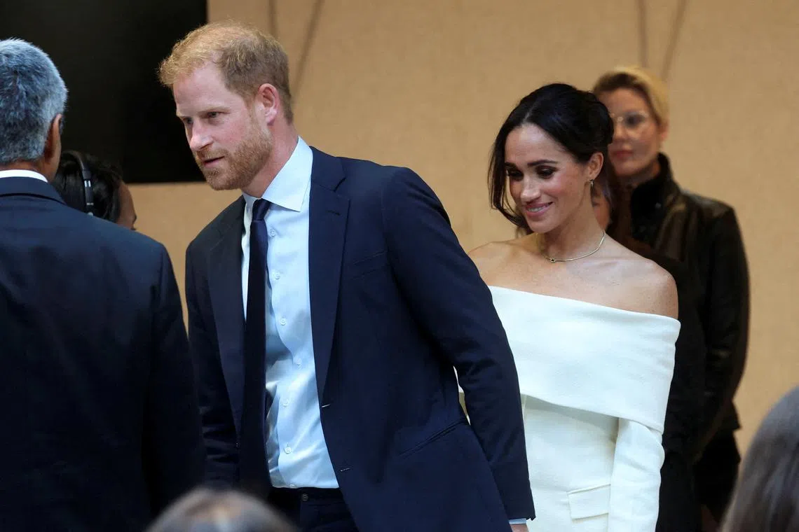 FILE PHOTO: Britain's Prince Harry, Duke of Sussex and his wife Meghan, Duchess of Sussex attend a panel held during Project Healthy Minds' second annual World Mental Health Day Festival and The Archewell Foundation Parents' Summit: Mental Wellness in the Digital Age in New York City, U.S., October 10, 2023. REUTERS/Mike Segar/File Photo