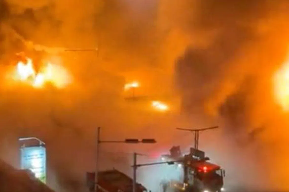 Fire trucks stand near the site of fire following an explosion in Ulaanbaatar, Mongolia, January 24, 2024, in this screengrab obtained from a social media video. Erdenebold Sukhbaatar/via REUTERS