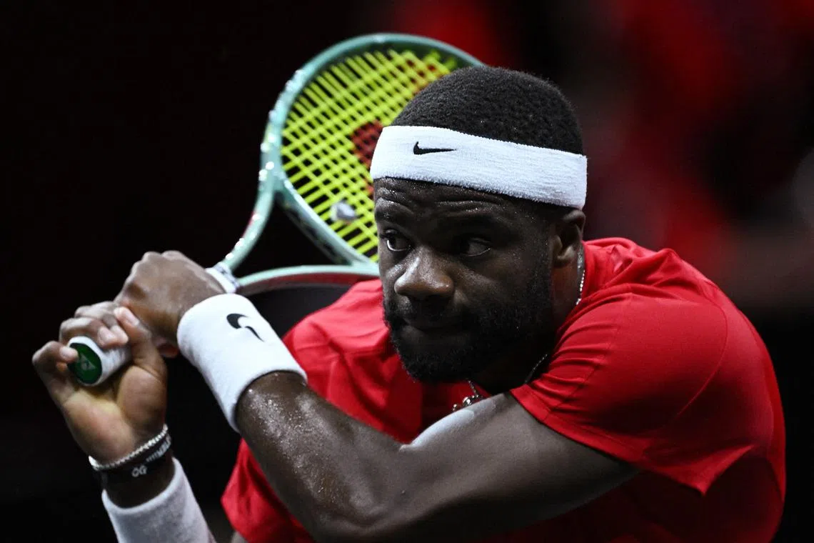 FILE PHOTO: Tennis - Laver Cup - Uber Arena, Berlin, Germany - September 22, 2024 Team World's Frances Tiafoe in action during his singles match against Team Europe's Alexander Zverev REUTERS/Annegret Hilse/File Photo