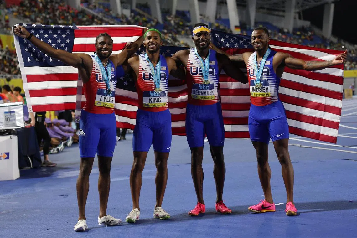 Gold medallists Noah Lyles, Courtney Lindsey, Kenneth Bednarek and Kyree King of the U.S celebrating after winning the 4x100m relay at the World Athletics Relays.