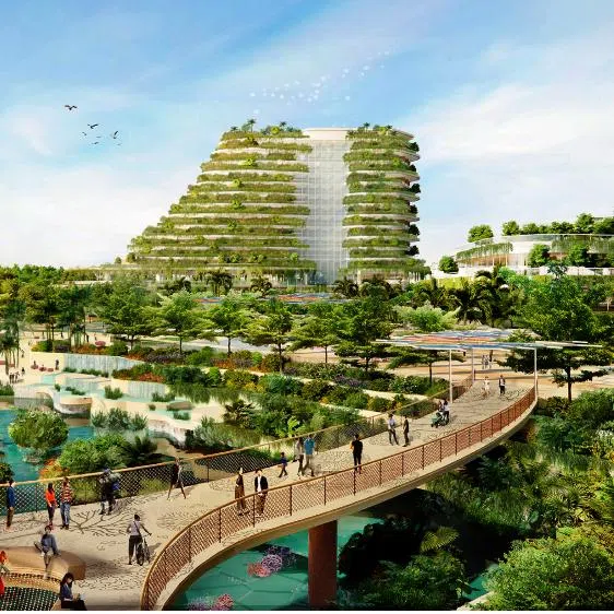 (Clockwise from top left) Artist's impressions of the Sensorium, the Imbiah Canopy Plaza, islet hopping experience on Sentosa's beaches, and the Island's new Heart Transport Hub.