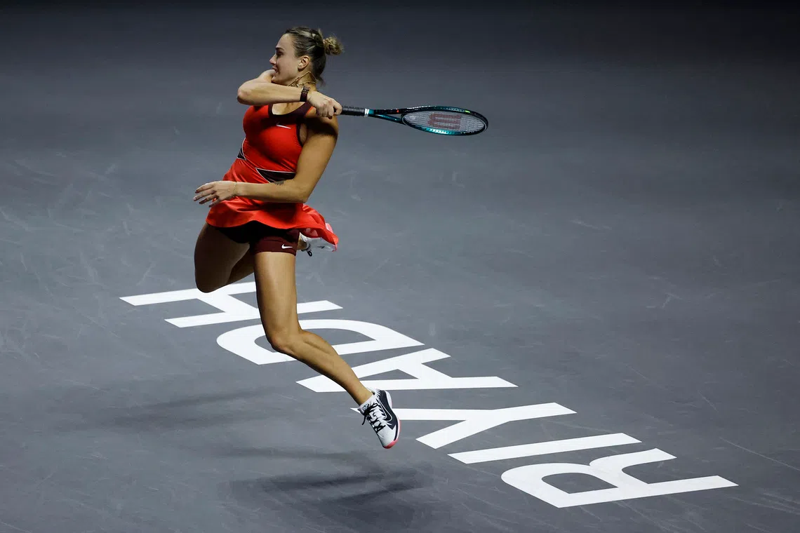 Tennis - WTA Finals - Riyadh - King Saud University Indoor Arena, Riyadh, Saudi Arabia - November 8, 2025 Belarus' Aryna Sabalenka in action during her final match against Kazakhstan's Elena Rybakina REUTERS/Hamad I Mohammed
