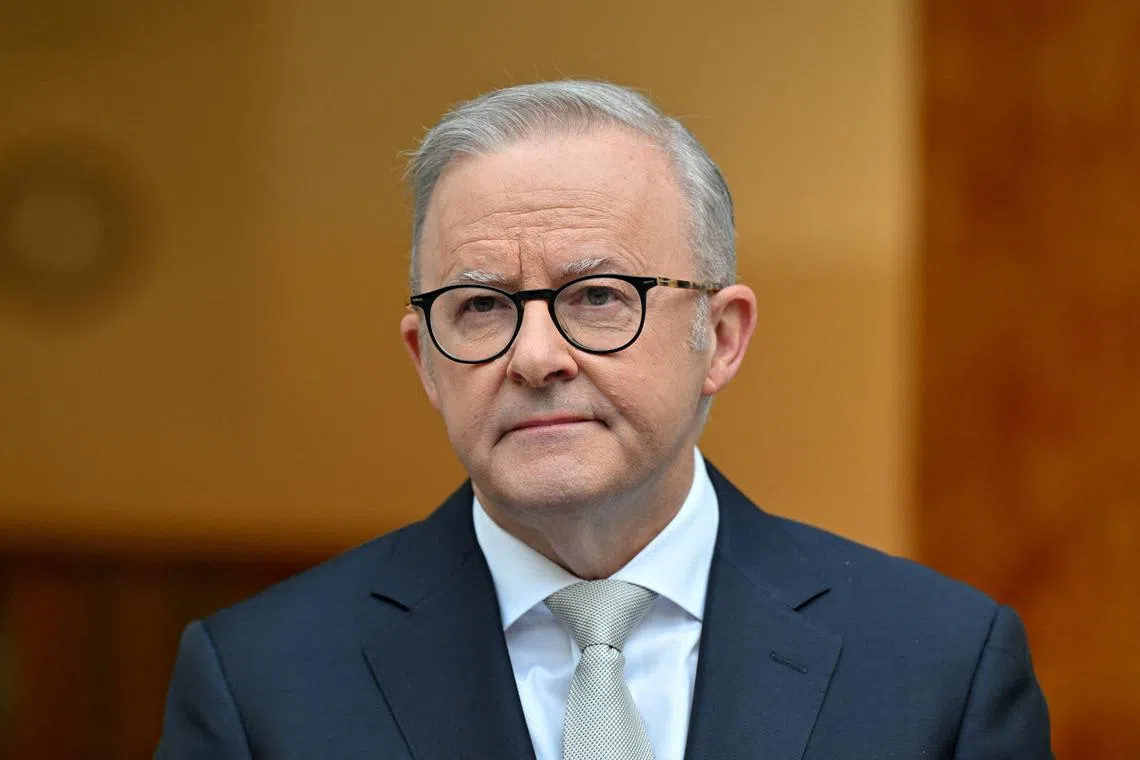 FILE PHOTO: Australian Prime Minister Anthony Albanese attends a press conference in Canberra, Australia, March 28, 2025. AAP/Mick Tsikas via REUTERS/File Photo