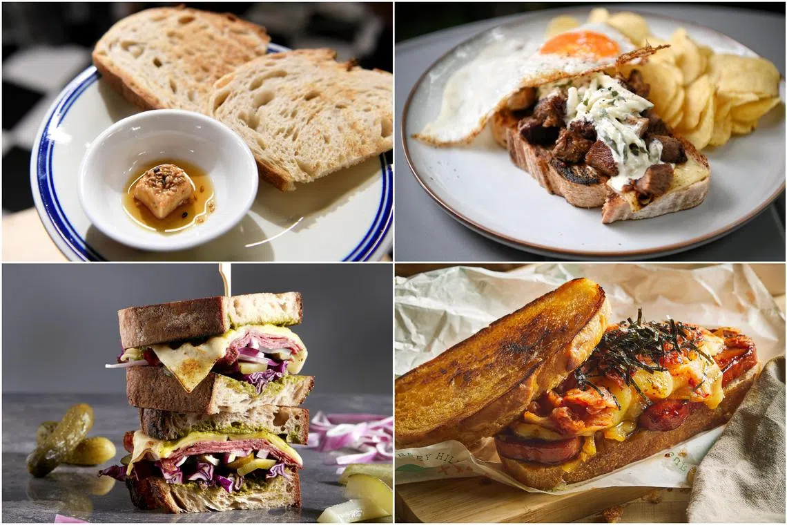 (Clockwise from top left) Sourdough toast at Janie The Bakery, The Beastly Girl's beef tongue, fried egg, melted emmental, mayonnaise and dijon mustard on sourdough toast, Spam the Positivity is stuffed with gochujang-glazed spam, fried egg, aged cheddar, kimchi, caramelised onions, mayonnaise and nori flakes, Sonder's star sandwich is the beef pastrami and salsa verde on sourdough.