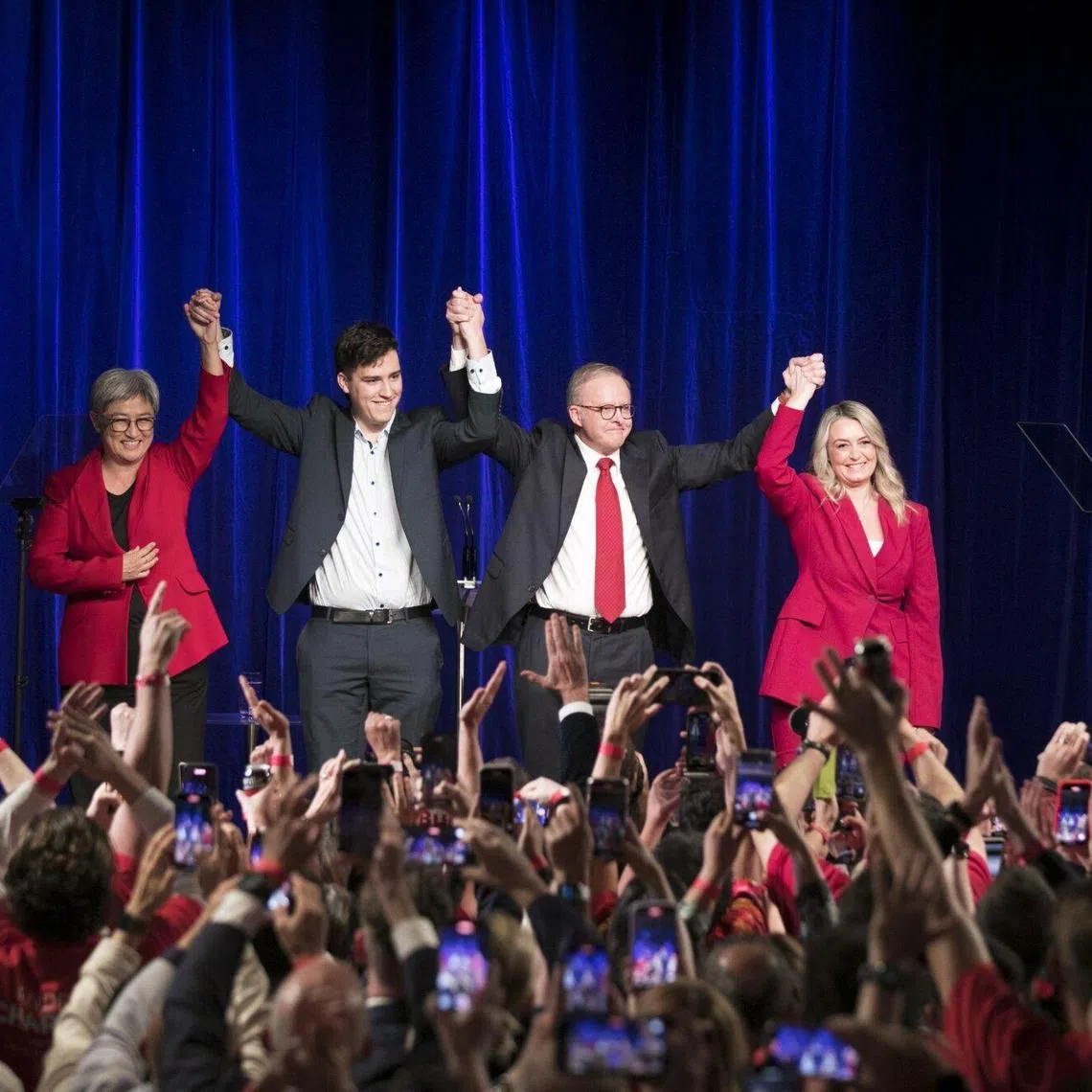 Anthony Albanese, Australia's prime minister, second right, arrives on stage with his partner Jodie Haydon, right, his son Nathan Albanese, second right, and Penny Wong, Australia's foreign minister, at the Labor Party election night event in Sydney, Australia, on Saturday, May 3, 2025. Albanese was re-elected in Saturday's vote with an expanded majority, projections show, becoming the nation's first leader in 21 years to win back-to-back elections. Photographer: Brent Lewin/Bloomberg