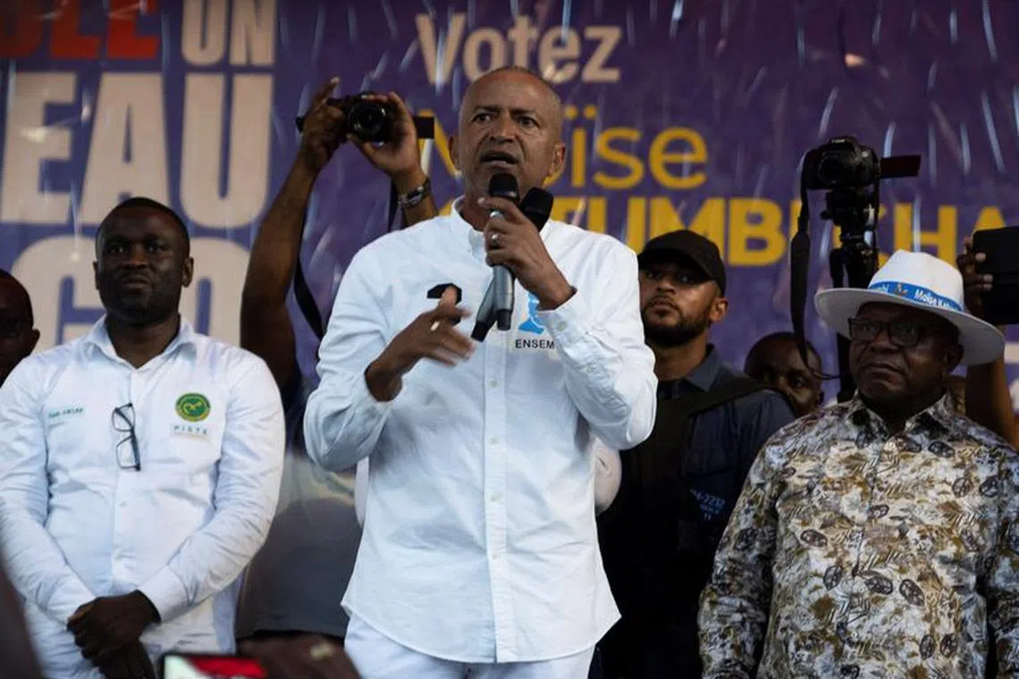 Congolese presidential candidate Moise Katumbi addresses his supporters during an election rally at the Afia stadium in Goma, North Kivu province, Democratic Republic of the Congo November 23, 2023. REUTERS/Arlette Bashizi