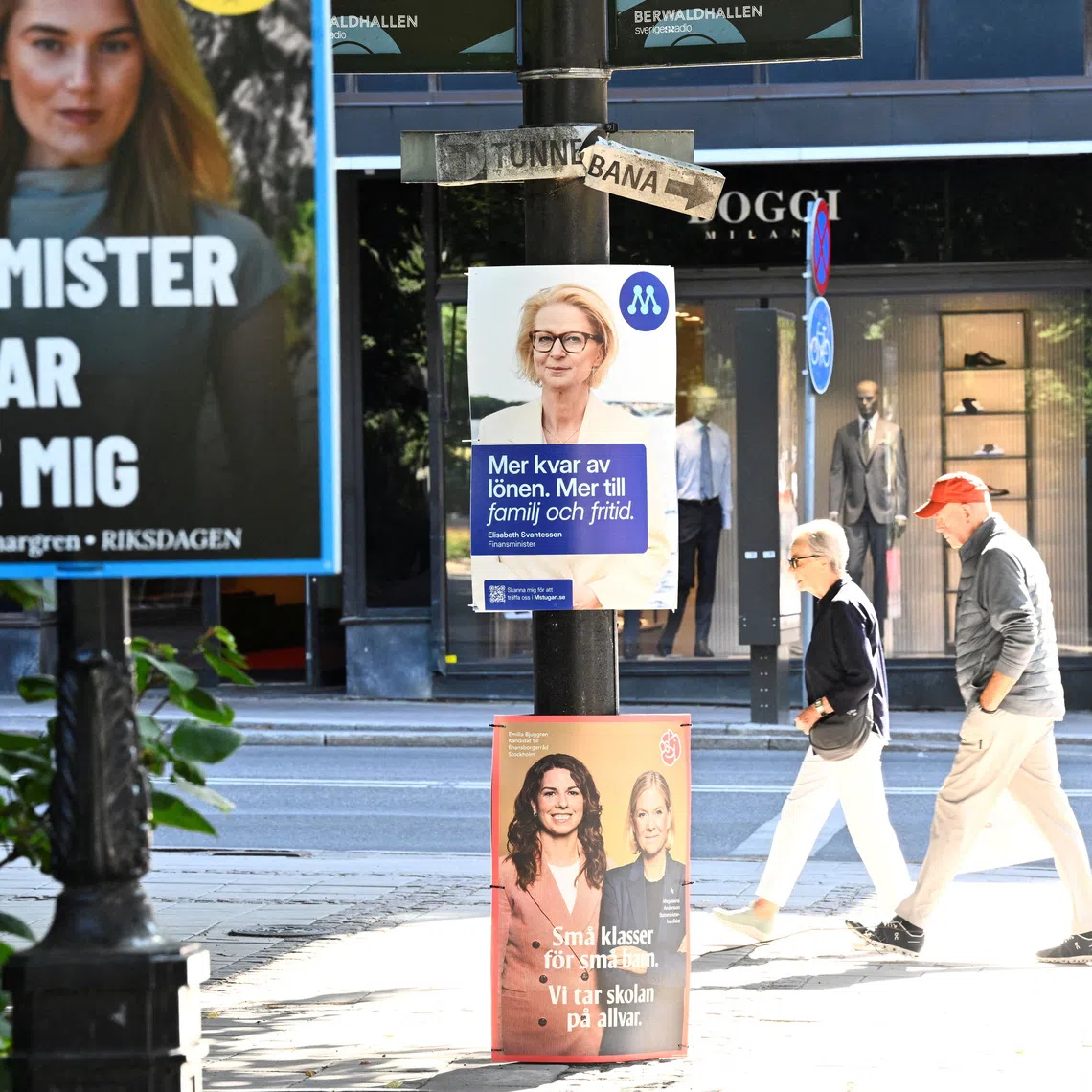 Election posters for the Sweden Democrats, the Moderate Party, and the Social Democrats ahead of the general election on September 13, in Stockholm, Sweden, on August 18, 2026. TT News Agency/Fredrik Sandberg via REUTERS
