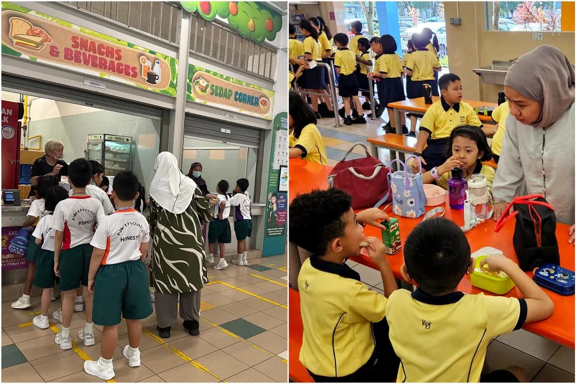 Northoaks Primary School and Kranji Primary School students eating their meals during recess time.